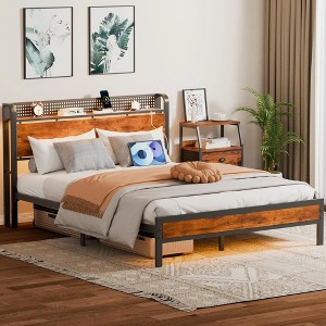 RGB LED Strip Platforrm Bed Frames with Headboard Metal, Storage Shelves & Underbed, Niose Free, No Box Spring Needed - 1 of 4