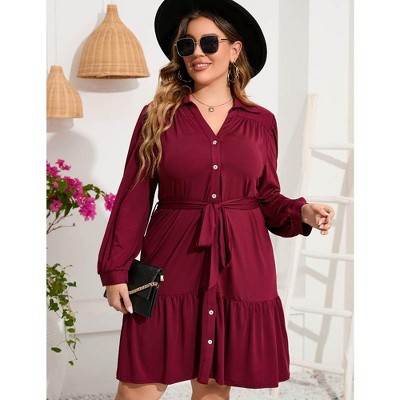 Whizmax Women's Plus Size Dress Long Sleeve Button Front Belted Shirt Dress  V Neck Ruffle Midi A Line Shirt Dress Wine 4xl : Target