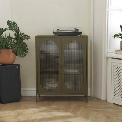 Olive Green Metal Accent Cabinet with Fluted Glass Doors