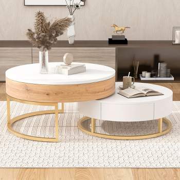 Modern Round Nesting Coffee Table, Lift-top Cocktail Table with 2 Drawers-ModernLuxe