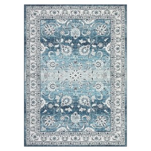 2 x 6 ft Polyester Initation  Blue Rectangular Hallway Bathroom Entryway Kitchen Office Foldable Flower Printed  Washable Area Rug - 1 of 4