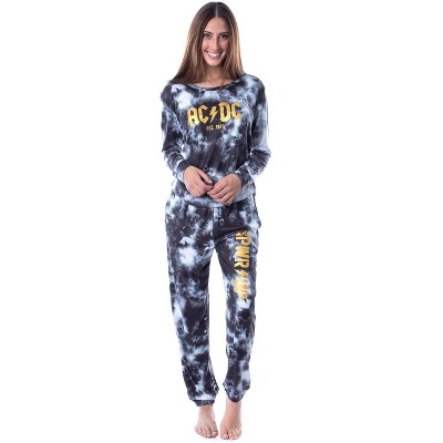 ACDC 1973 Logo Long Sleeve Womens Rock Band Tie Dye Lounge Jogger PJ Set XXL Black