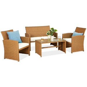 Best Choice Products 4-Piece Outdoor Wicker Patio Conversation Furniture Set w/ Table, Cushions - 1 of 4