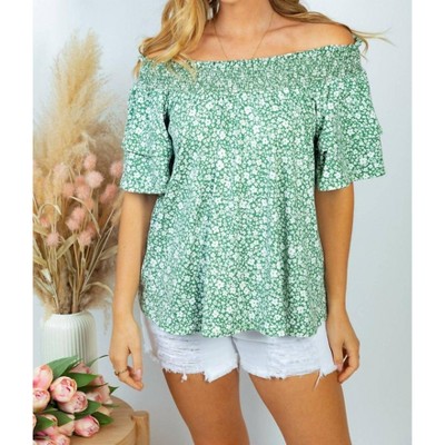 Women's Short Sleeve Floral Print Top - White Birch