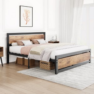 Coucheta Full Size Bed Frame, Industrial Full Bed Platform with Headboard No Box Spring Needed 14 Inch Height Easy Assemble Mattress Bedframe - 1 of 4