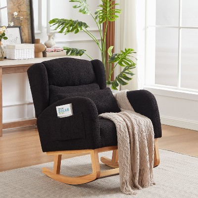 Racxily Teddy Fabric Rocking Chair, Upholstered Glider Rocker Chairs With Packet&Wood Legs, Soft Back Accent Armchair