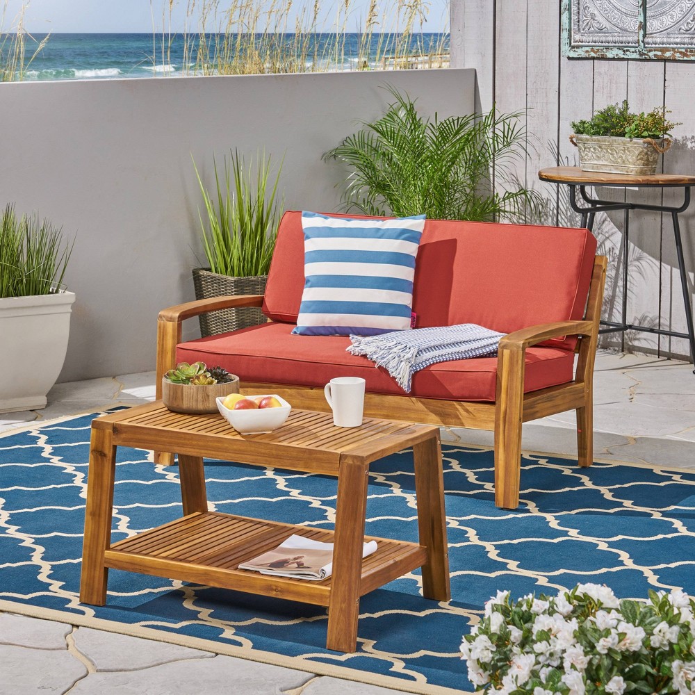 Grenada 2pc Acacia Wood Patio Chat Set Teak Red Christopher Knight Home