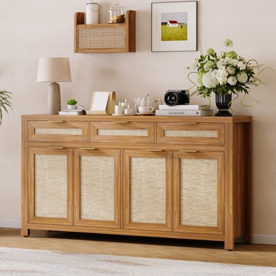 LinTimes Farmhouse Buffet Sideboard Cabinet 63in Storage Credenza W/ Rattan Panels, 3 Drawers, 4 Doors & Adjustable Shelves for Dining Room, Kitchen Dark Oak — фото 4