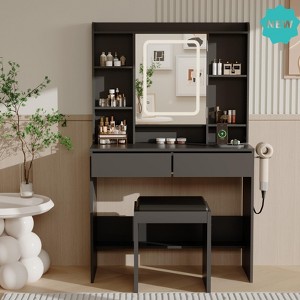 Jojoka Modern Vanity Desk with LED Mirror, Storage Drawers, USB Outlets, and Padded Stool, Makeup Table for Bedroom or Studio - 1 of 4