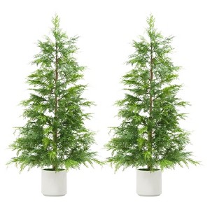 Compact Artificial Cedar Topiary Trees ¨C 2 Pack Faux Evergreen in White Pots ¨C UV Resistant Decorative Potted Pine - 1 of 4