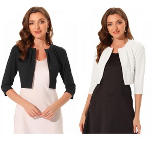 INSPIRE CHIC Women's 3/4 Sleeve Collarless Pleated Open Front Cropped Cardigan 2 Packs - 1 of 4