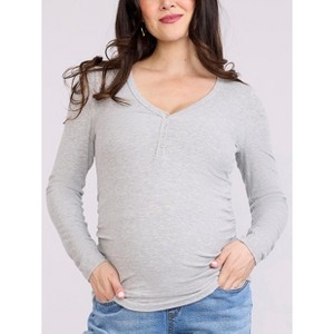 Women's V-Neck Side-Ruched Long Sleeve Henley Tee | Motherhood Maternity - 1 of 4