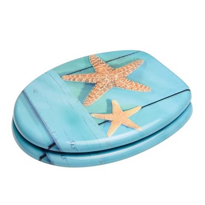 Sanilo 110 Round Molded Wood Toilet Seat with No Slam, Slow, Soft Close Lid, Stainless Steel Hinges, and Unique Fun Decorative Design, Starfish