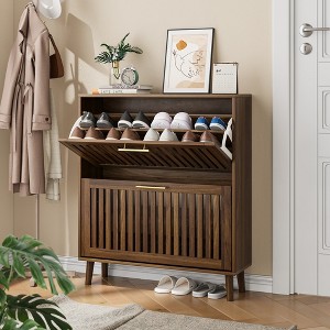 MOEPISY 31.5-Inch Walnut Shoe Storage Cabinet, Medieval Modern Independent Shoe Cabinet - 1 of 4
