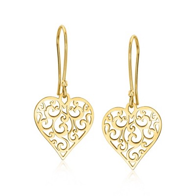 Ross-Simons Italian 14kt Yellow Gold Filigree Heart Drop Earrings