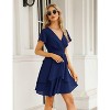 Womens Skater Dresses Sexy V Neck Short Sleeve Tie Waist Solid Ruffle Boho Flowy Swing Mini Dress - 3 of 4