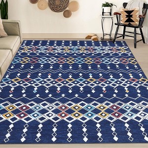 Machine Washable Boho Vintage Area Rug Non-Slip Non-Shedding Geometric Indoor Distressed Soft Low Pile Carpet for Living Room Bedroom Kitchen - 1 of 4