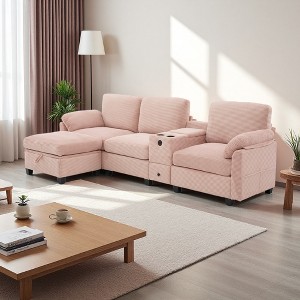 105" L-Shaped Corduroy Sectional Sofa with Ottoman, USB & Storage - 1 of 4