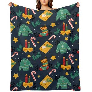 FIONECA Christmas Blanket with Christmas Sweater Stocking Candle Candy Cane and Gift Pattern Dark Blue Background 50x60 inches - 1 of 1