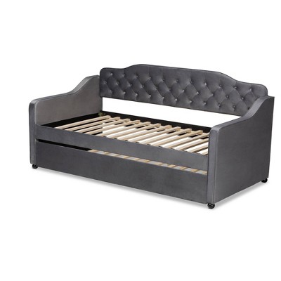 Gray Velvet Upholstered Twin Daybed with Tufted Back and Trundle