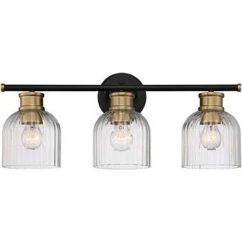 Stiffel Mid Century Modern Wall Light Black Brass Hardwired 23" 3-Light Fixture Clear Glass Shade for Bathroom Vanity Mirror House