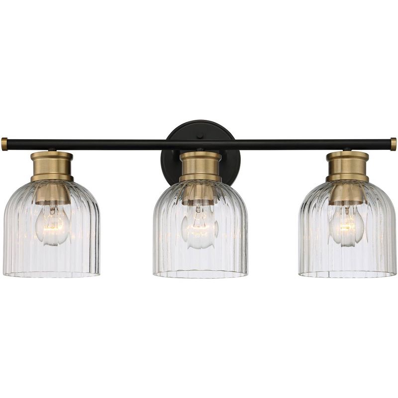 Stiffel Mid Century Modern Wall Light Black Brass Hardwired 23" 3-Light Fixture Clear Glass Shade for Bathroom Vanity Mirror House, 1 of 11