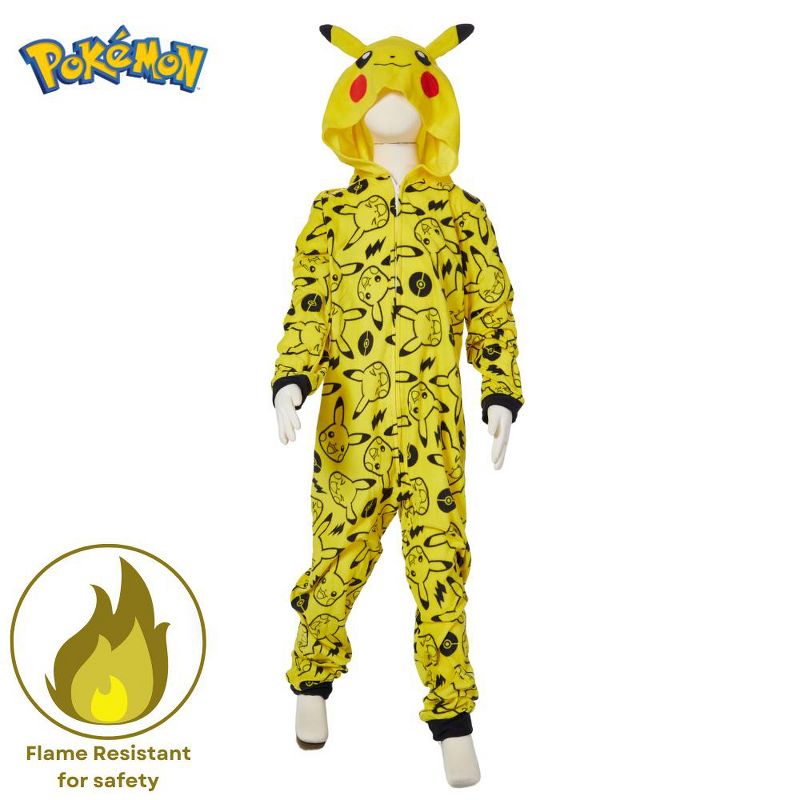 Pokemon Onesie Pajamas for Kids, Pikachu Hooded Plush Costume or Sleeper with Zipper Front, 2 of 10