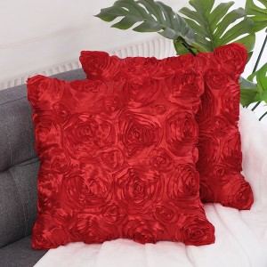 PiccoCasa Decorative Square 3D Satin Rose Flower Throw Pillow Cover 2 Pcs - 1 of 4