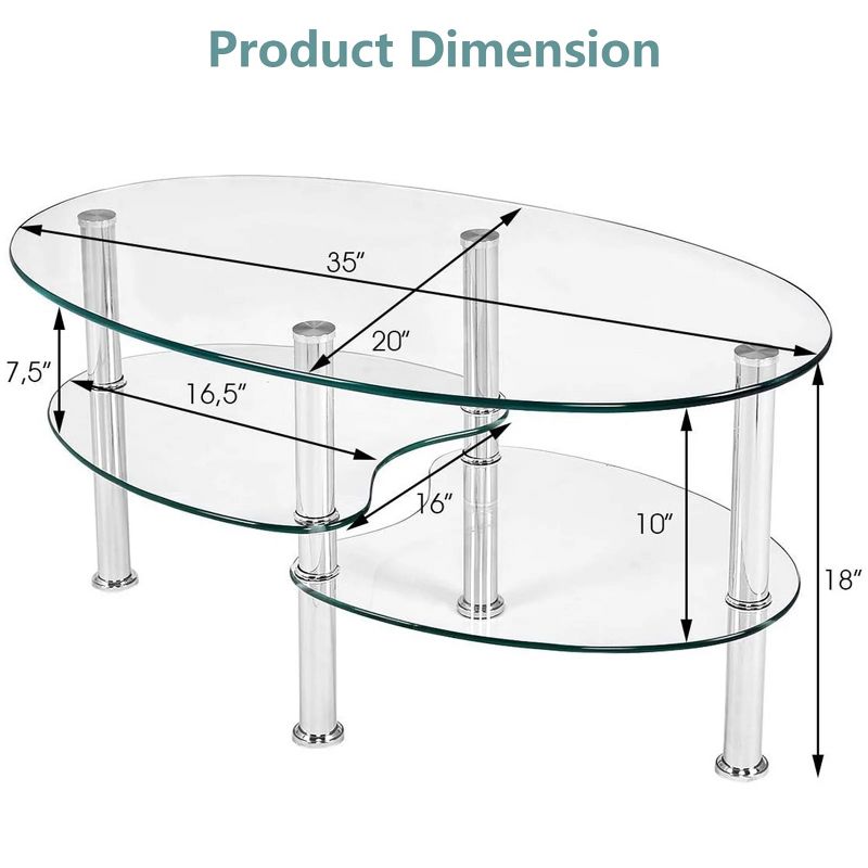SKONYON Oval Dining Table Glass Coffee Table with Storage Side Shelf and Metal Legs, 4 of 7