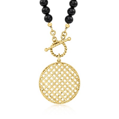 Ross-Simons 6mm Onyx Bead and 18kt Gold Over Sterling Crisscross Medallion Toggle Necklace