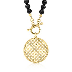 Ross-Simons 6mm Onyx Bead and 18kt Gold Over Sterling Crisscross Medallion Toggle Necklace - 1 of 3