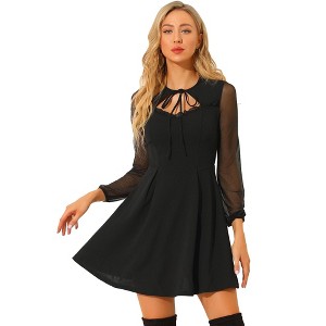 INSPIRE CHIC Women's Tie Neck Ruffled Mesh Long Sleeve Mini Dress - 1 of 4