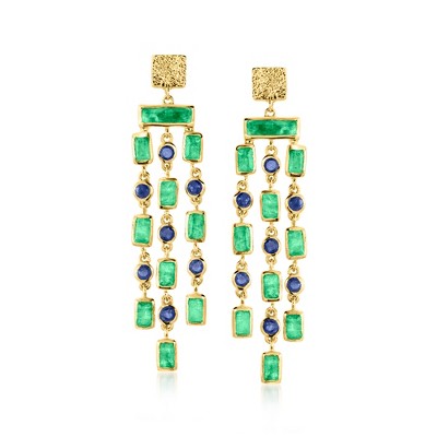 Ross-Simons 6.25 ct. t.w. Emerald and 2.50 ct. t.w. Sapphire Vintage-Inspired Drop Earrings in 18kt Gold Over Sterling