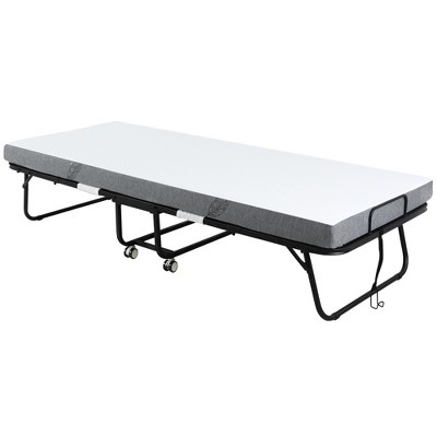 HOMCOM Folding Bed with 4" Mattress, Portable Foldable Guest Bed with Sturdy Metal Frame and Wheels, White