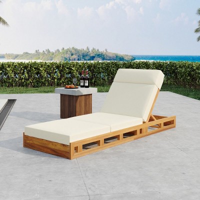 Outdoor Chaise Lounge with Tri-Fold Cushion,Adjustable Acacia Wood Patio Chaise Lounge,Folding Chaise Lounge Chair for Garden-Cuddlewood