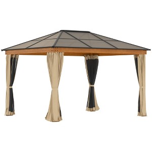 Outsunny 10' x 12' Hardtop Polycarbonate Gazebo Canopy, Aluminum Frame Pergola with Top Vent, Netting & Sidewalls for Garden, Patio, Khaki - 1 of 4