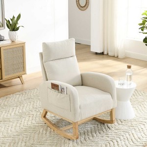 AENKYO 27.6" Modern Accent Rocking Chair, Deep Seat, High Backrest Lounge Armchair with Side Pockets for Living Room & Nursery, Beige - 1 of 4