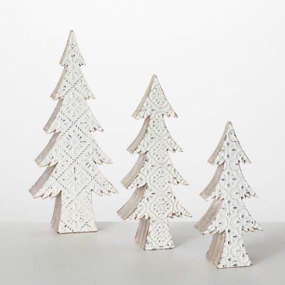 8"H  10"H & 12"H Sullivans Christmas White Embossed Tree Figurines Set of 3  White