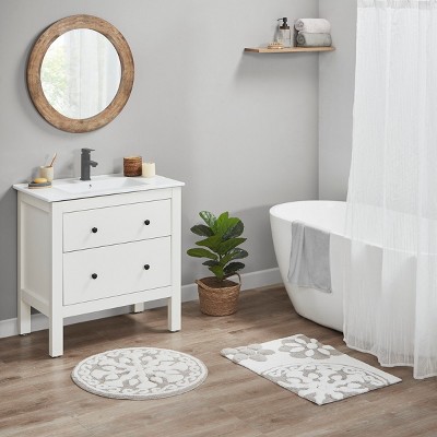 Medallion Pattern Tufted Cotton Indoor Bath Rug, Boho Style Multi-Shape Bath Rug for Year Round Use