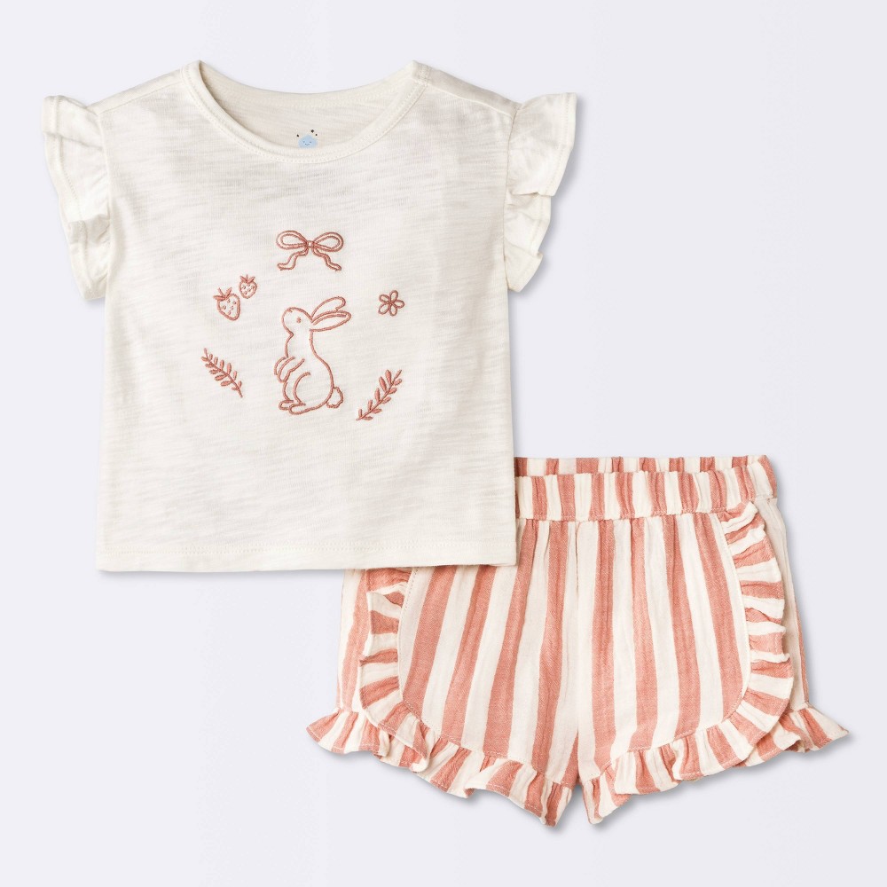 Baby Girls' 2pc Bunny Graphic Embroidered Ruffle T-Shirt and Striped Shorts Set - Cloud Island™ Cream 18M