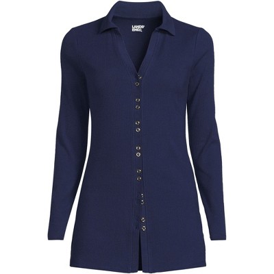 Deep Sea Navy Long Sleeve Cotton Blend Button Up Tunic Shirt