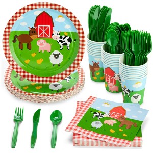Juvale 144 Pieces Barnyard Birthday Party Supplies, Paper Plates, Napkins, Cups, Cutlery, Serves 24 Guests - 1 of 4