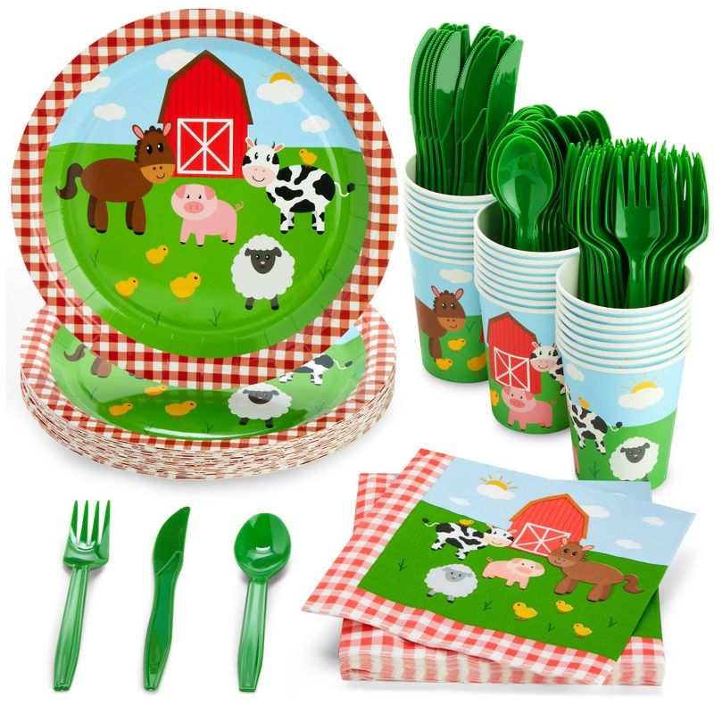 Juvale 144 Pieces Barnyard Birthday Party Supplies, Paper Plates, Napkins, Cups, Cutlery, Serves 24 Guests, 1 of 9