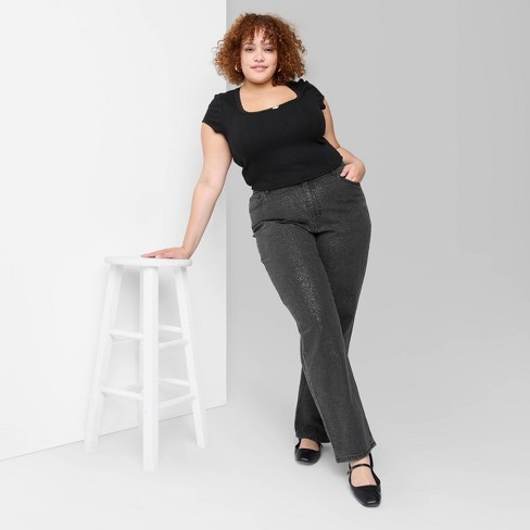 Plus Size Black Glitter Wide Leg Trousers