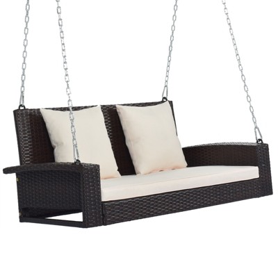 DSVIMOY 2-Person Hanging Porch Swing with Chains, Cushion, Pillow, Swing Bench for Garden, Backyard, Pond, Brown, 50"*22.4"*20.5"