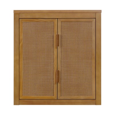 Teamson Home Hatteras Wall Cabinet with 2 Rattan Inlay Doors and Pine Wood Frame