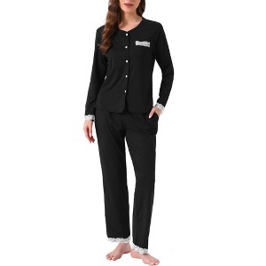 INSPIRE CHIC Women's Pajama Sets Lace Trim Long Sleeve Button Down Sleepwear Elastic Waist Lounge Pant Set with Pockets - 1 of 4