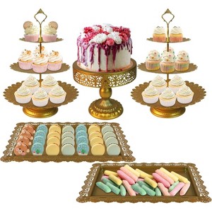 Gold Cake Stand Set,Metal Round Cake Stand Cookie & Dessert Display Tray,Banquet Tower Tray with Handle Perfect for Any Party Celebration(5 Sizes) - 1 of 4