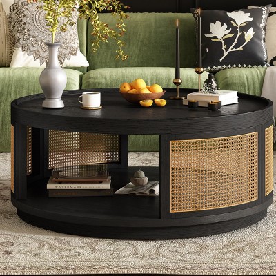 1pc Round Coffee Table, Wood Top with PE Rattan Sides, Modern Storage Table for Living Room or Lounge Area - Coolbibila