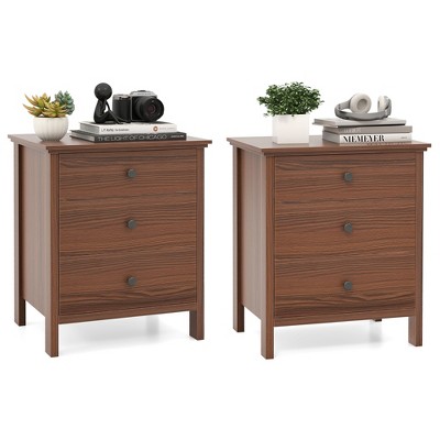 Tangkula Set of 2 3-Drawer Nightstands Wooden Bedside Table Modern Side End Table Walnut